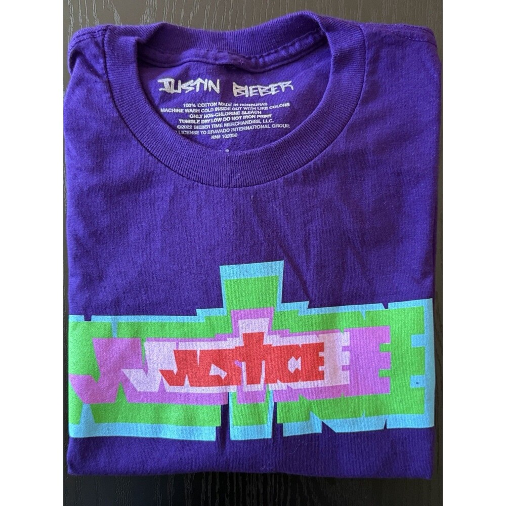 JUSTIN BIEBER Justice Tour Size M Purple Shirt Cotton, Concert Tee, EUC